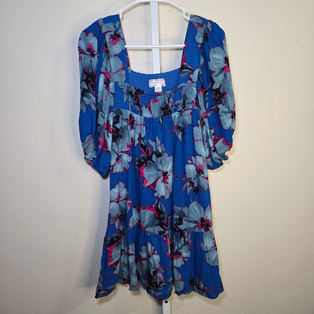 Band of the Free Blue Floral Smocked Square Neck‎ Puff Sleeve Mini Dress Size S